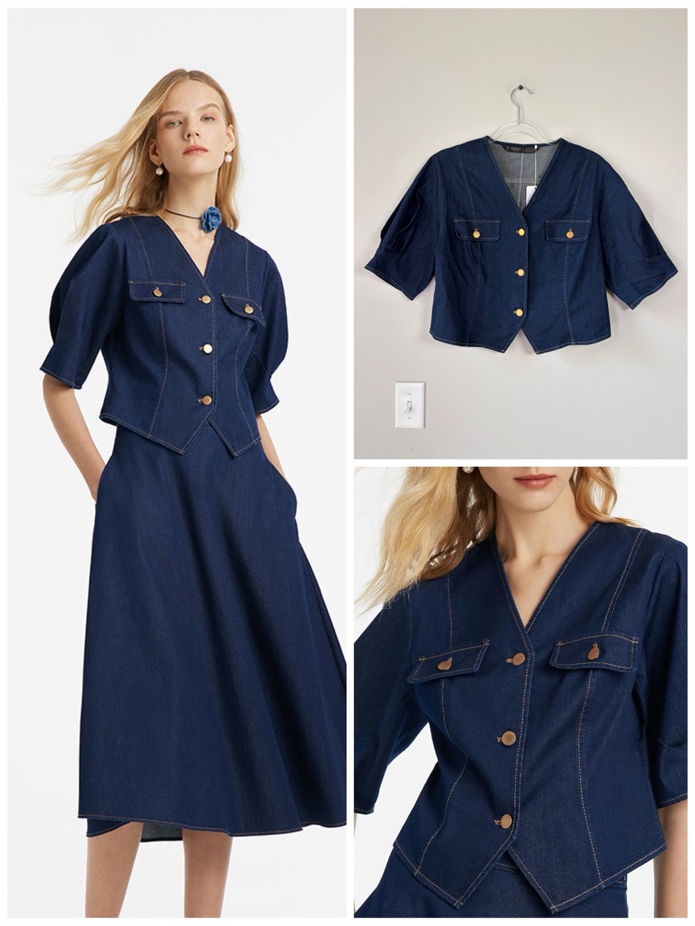 Goelia Dark Denim V-Neck Button Up Blouse Top Vintage Inspired Elevated Basics